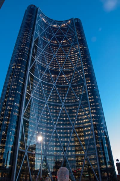 The Bow tower exterior at dusk