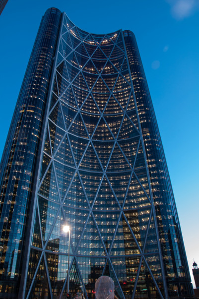 The Bow tower exterior at dusk